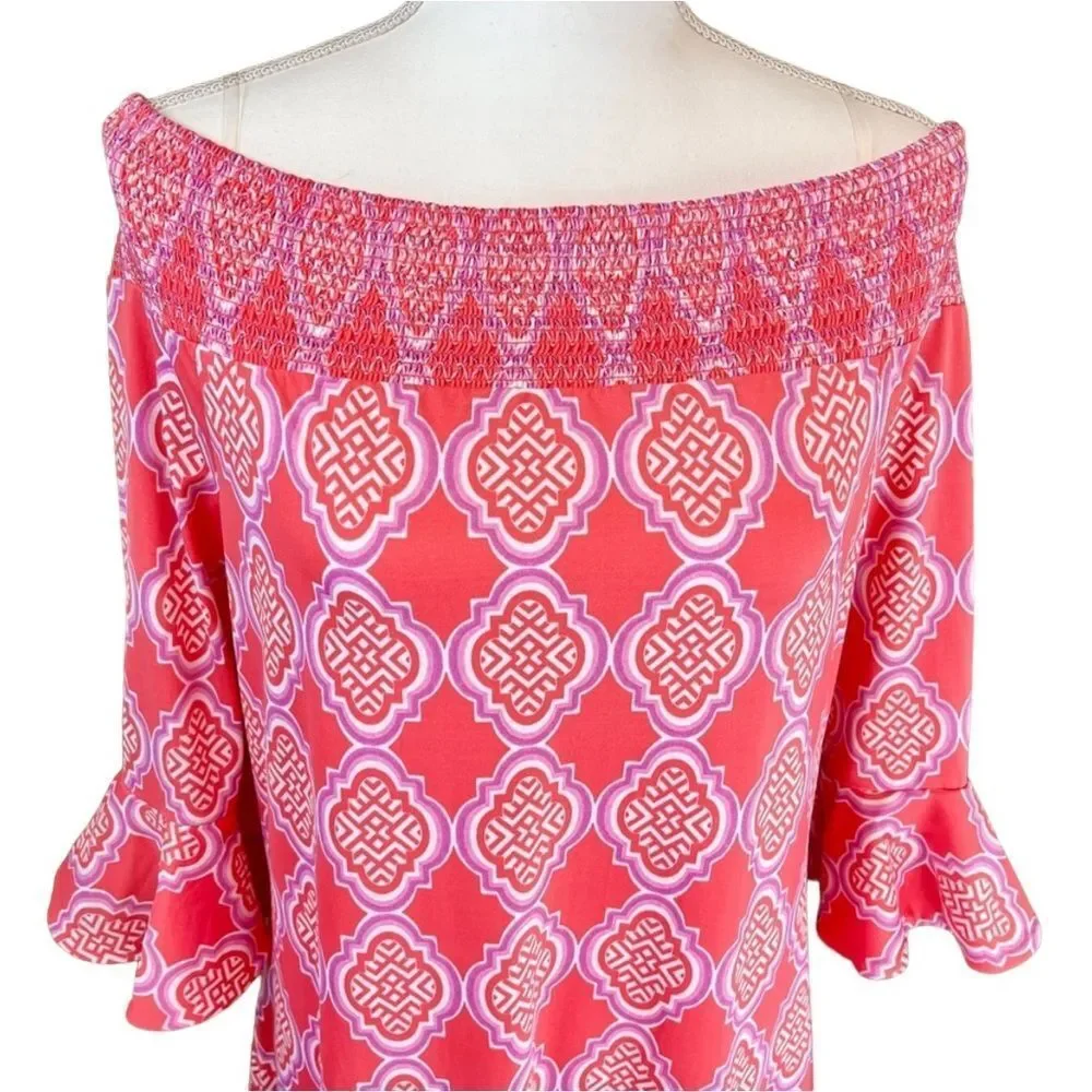 Cabana Life Coral Geo Off Shoulder SPF Dress XS - Picture 9 of 11